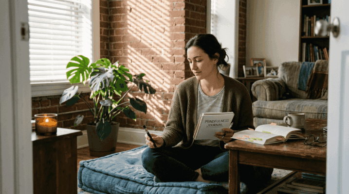 Woman practicing mindful cannabis routine at home