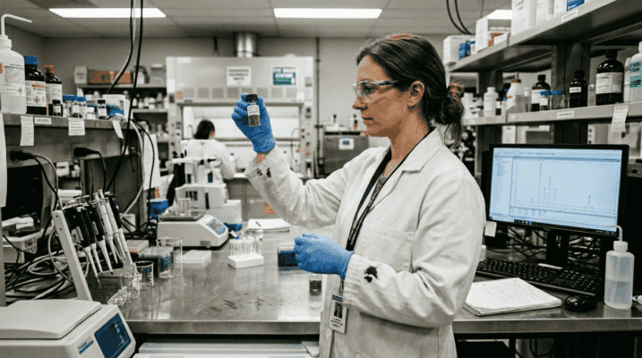 Lab technician checks cannabis sample in lab