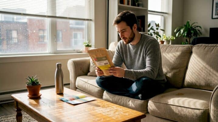 Young adult reading cannabis label in living room