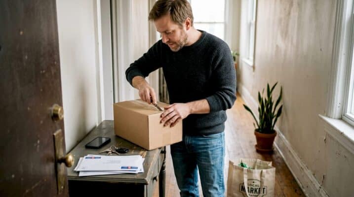 Man opening unmarked cannabis package at home
