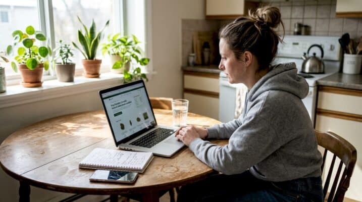 Woman researches cannabis products online at kitchen table