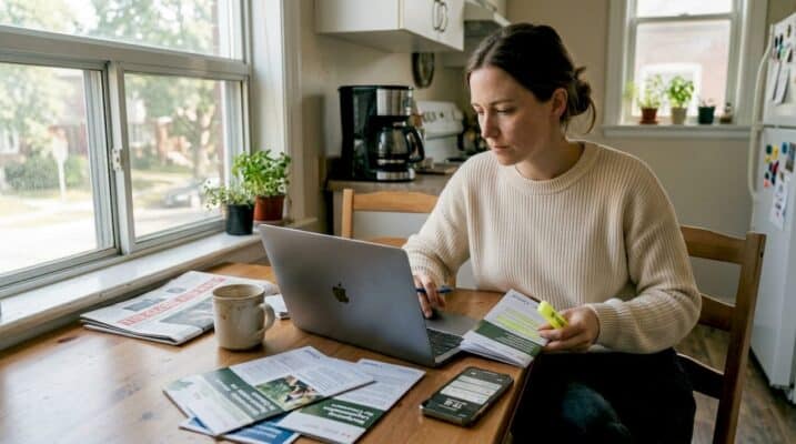 Woman researching Canadian cannabis laws at home