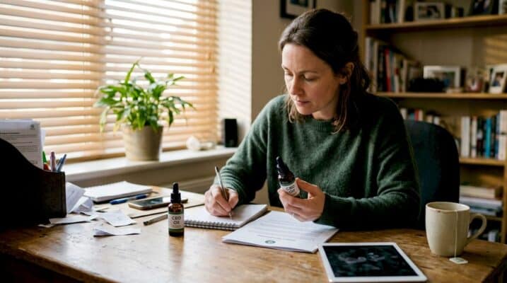 Woman comparing CBD oil at home desk