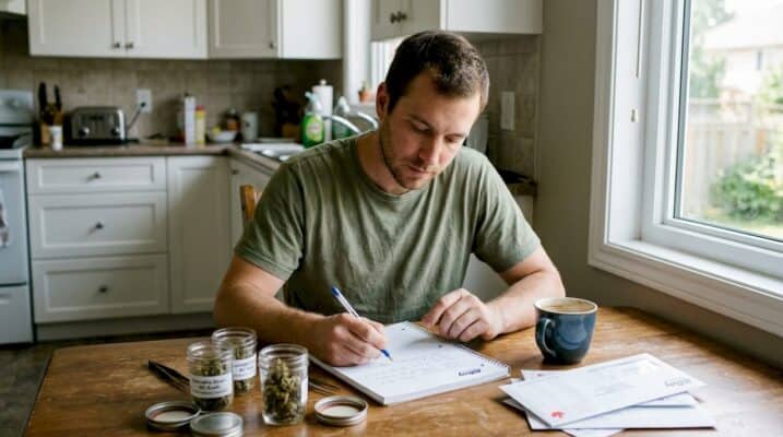 Man studying hybrid cannabis samples at home table