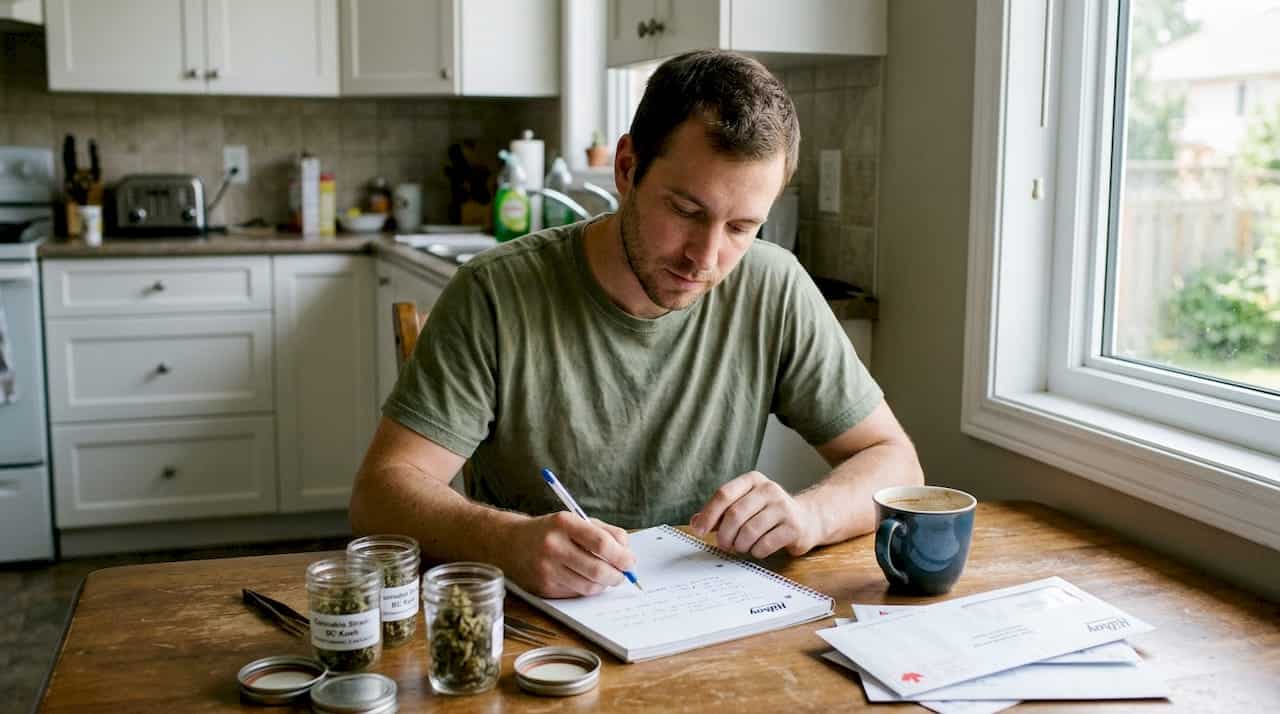 Man studying hybrid cannabis samples at home table