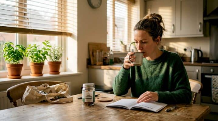 Woman reading wellness plan in bright kitchen