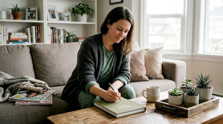 Woman journaling cannabis wellness routine at home