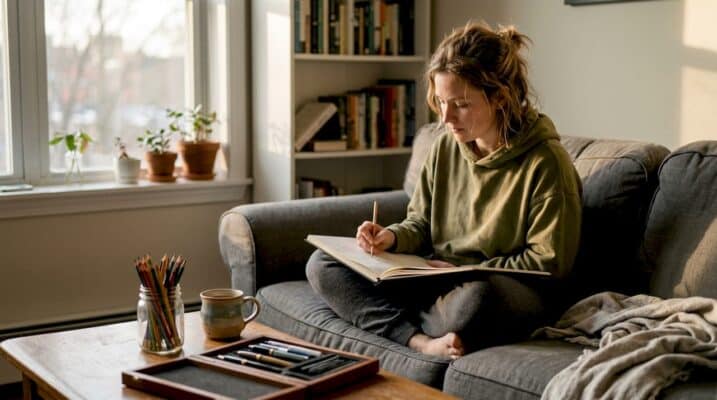 Woman brainstorming art ideas with sketchbook