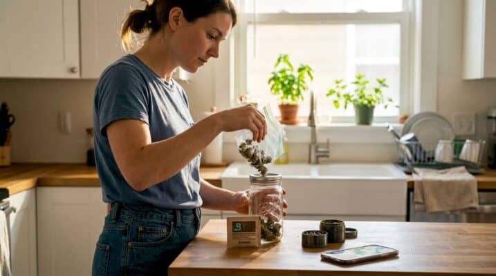 Woman placing cannabis in glass jar at kitchen counter