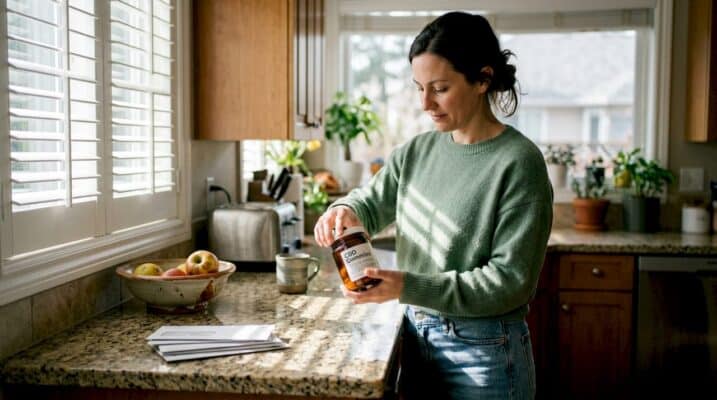 Woman reading CBD edibles label in kitchen