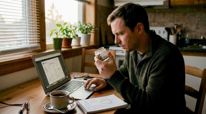 Man reading cannabis potency label at kitchen table