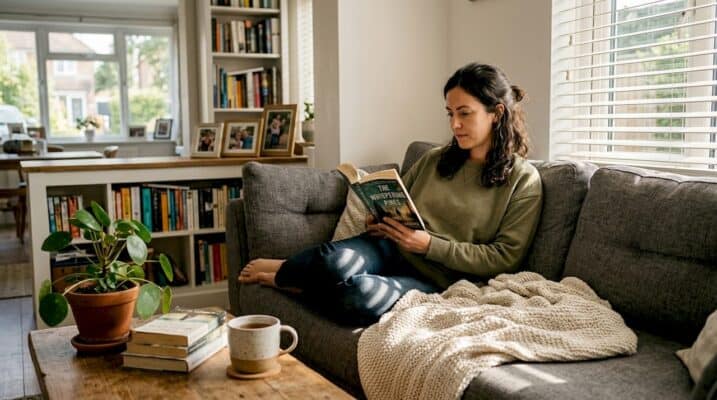 Woman relaxing reading on sofa with sunlight