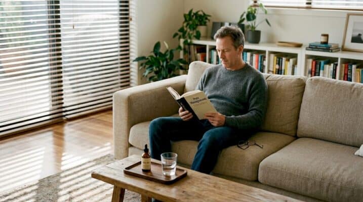 Man reading about pain relief with CBD oil nearby