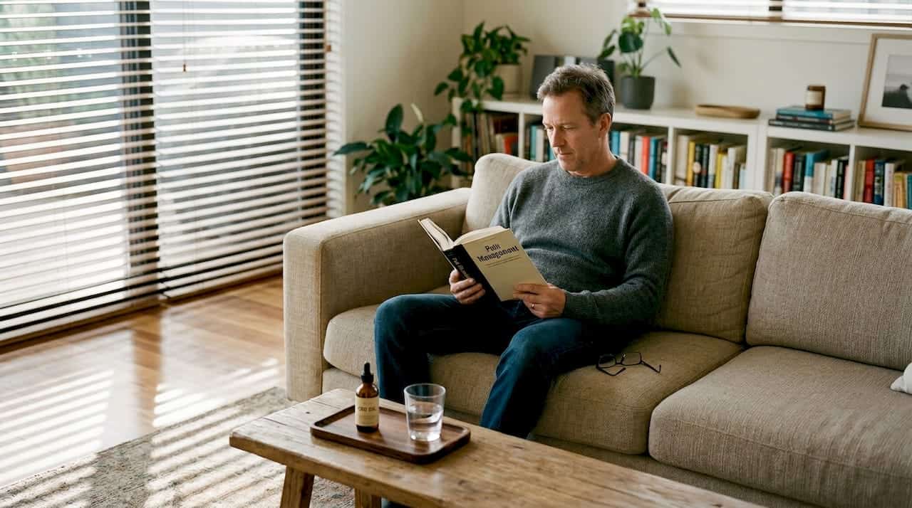 Man reading about pain relief with CBD oil nearby