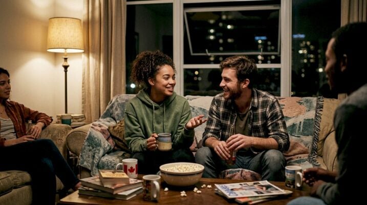 Group sharing cannabis in relaxed living room