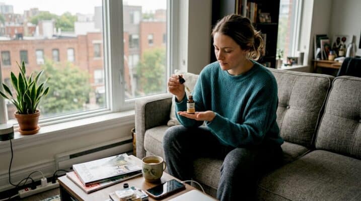 Woman using CBD oil in relaxing living room