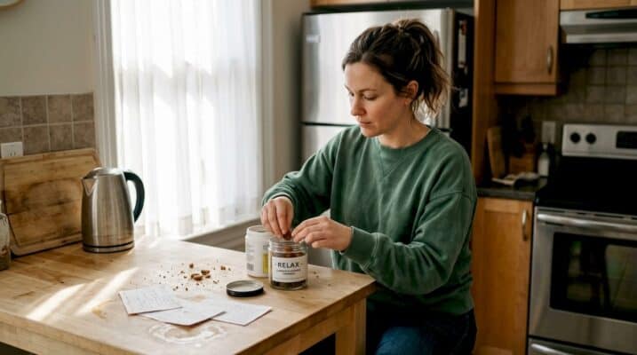 Woman storing cannabis edibles in kitchen