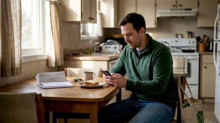 Man checking cannabis delivery status at kitchen table