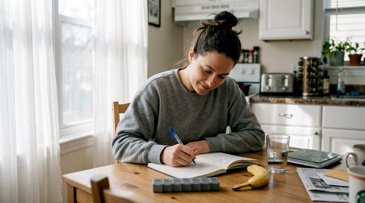 Woman journaling microdosing at bright kitchen table