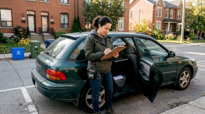 Delivery driver checks orders by parked car