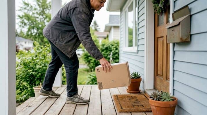 Delivery person placing unbranded package on porch