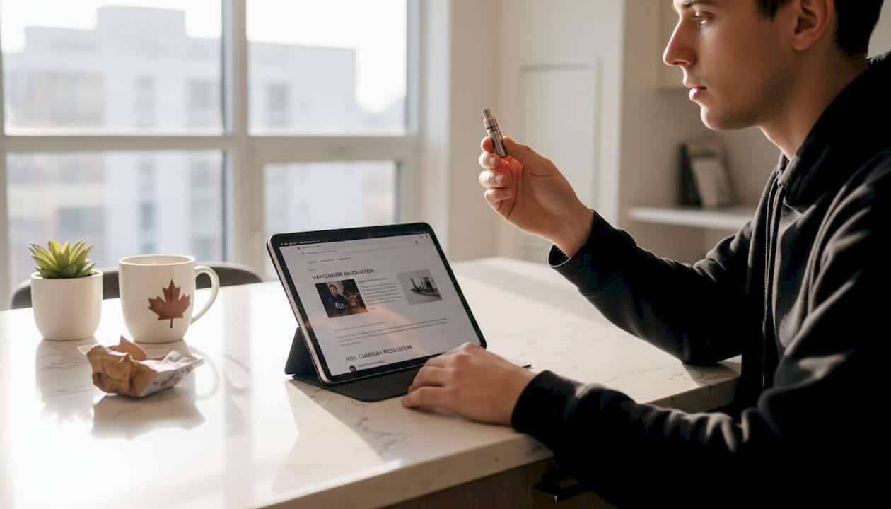 Person inspecting vape cartridge in kitchen setting