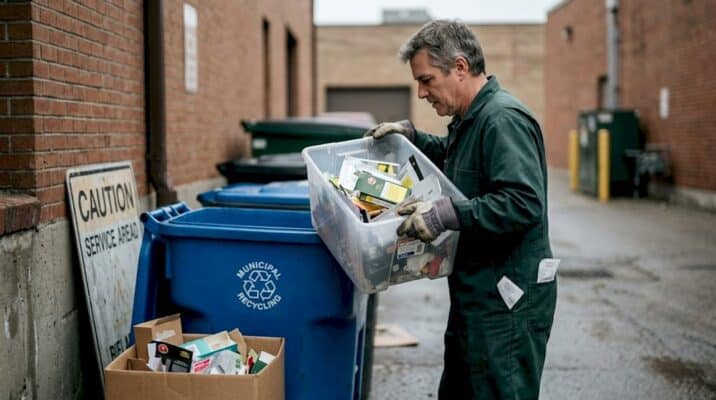 Worker disposing cannabis packaging at recycling bin