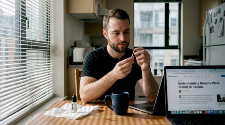 Person closely examining vape cartridge at home