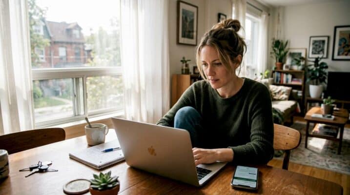 Woman researching cannabis retailers on laptop
