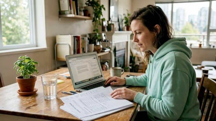 Woman studying cannabis strain sheets at home