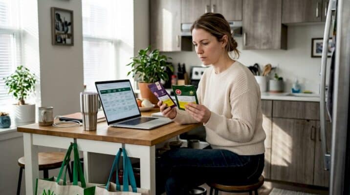 Woman comparing cannabis packaging in kitchen