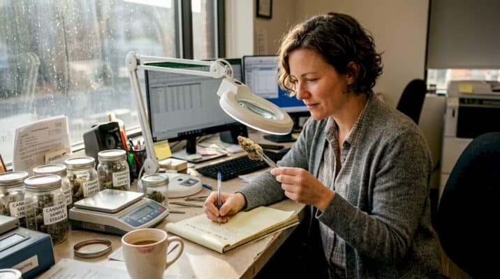 Quality control specialist grading cannabis flower sample