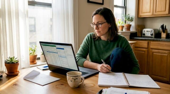Woman shopping for cannabis online at kitchen table