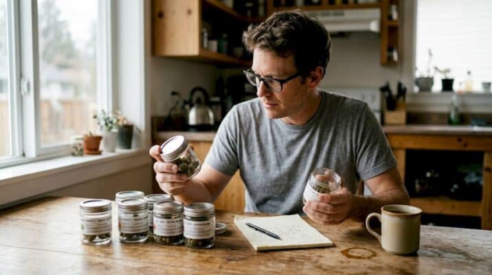 Person evaluating cannabis flower varieties at home table