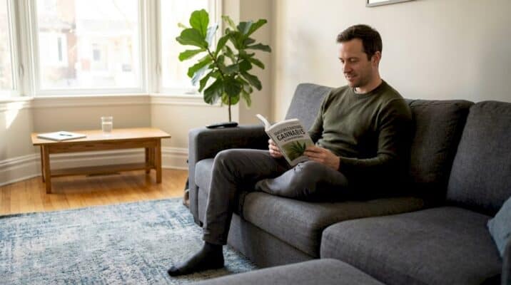Man reading cannabis tolerance guide at home