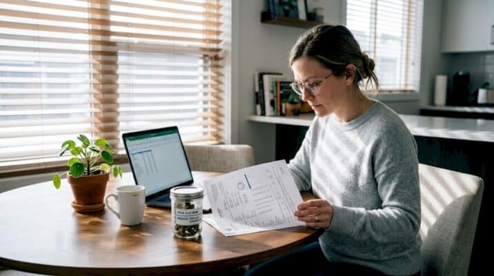 Woman reviewing cannabis lab report at kitchen table