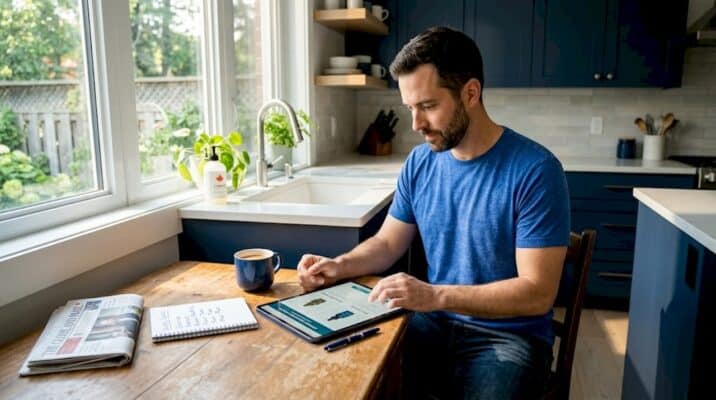 Man researching cannabis strains at kitchen table