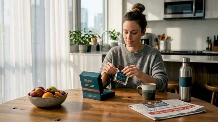 Woman opening labelled cannabis edible at kitchen table