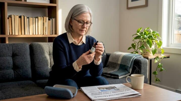 Older woman examining CBD bottle at home