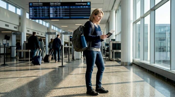 Traveler checking documents in airport security