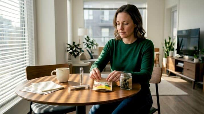 Woman reviews cannabis bundle items at table