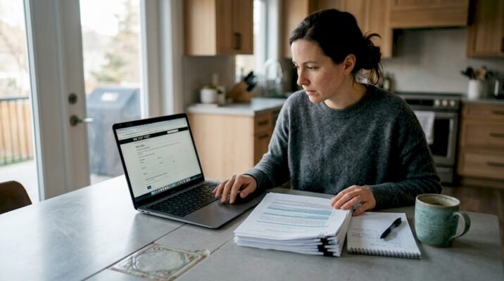 Woman researching online cannabis laws at kitchen island