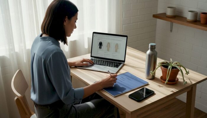 Woman comparing online cannabis deals at home