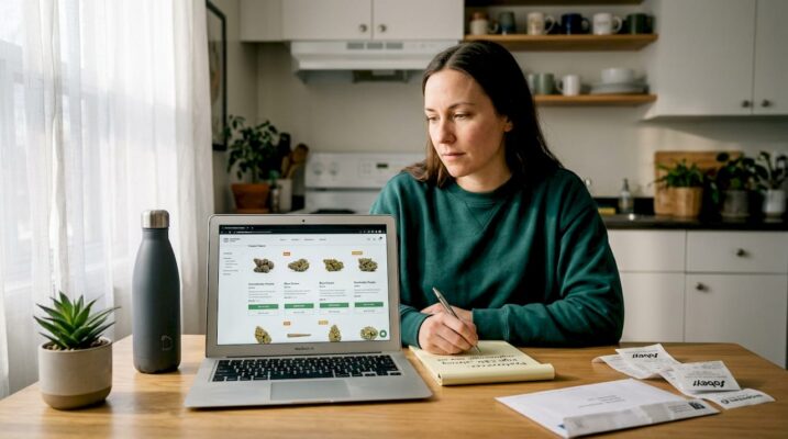 Woman browsing cannabis flower online at kitchen table
