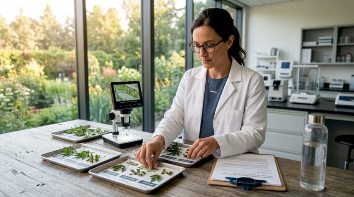 Plant biologist sorting cannabis and hemp samples