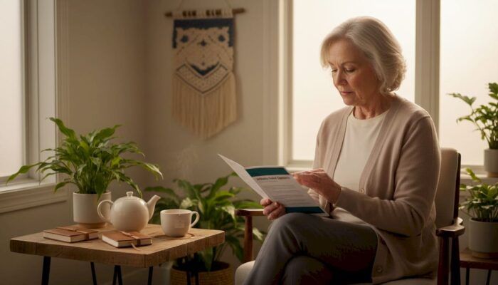 Older woman reviews arthritis relief info at home