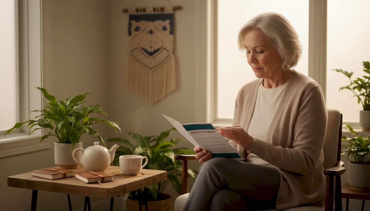 Older woman reviews arthritis relief info at home