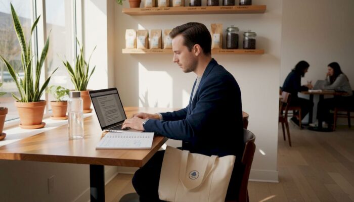 Professional typing at corner office desk midday