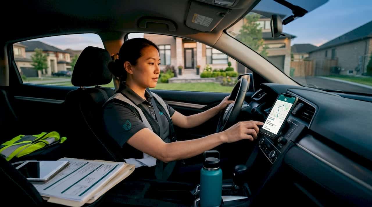 Delivery driver checks tracking app in car