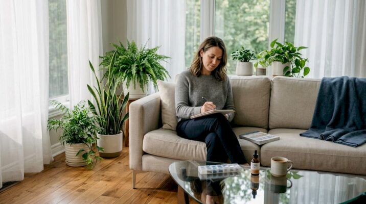 Woman reading about fibromyalgia pain relief at home